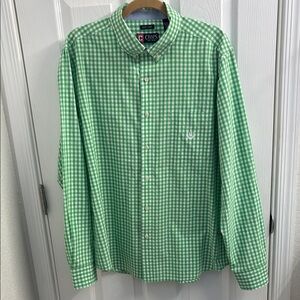 Men's CHAPS Easy Care Green Checkered Button-Up Shirt Long Sleeves- XL
